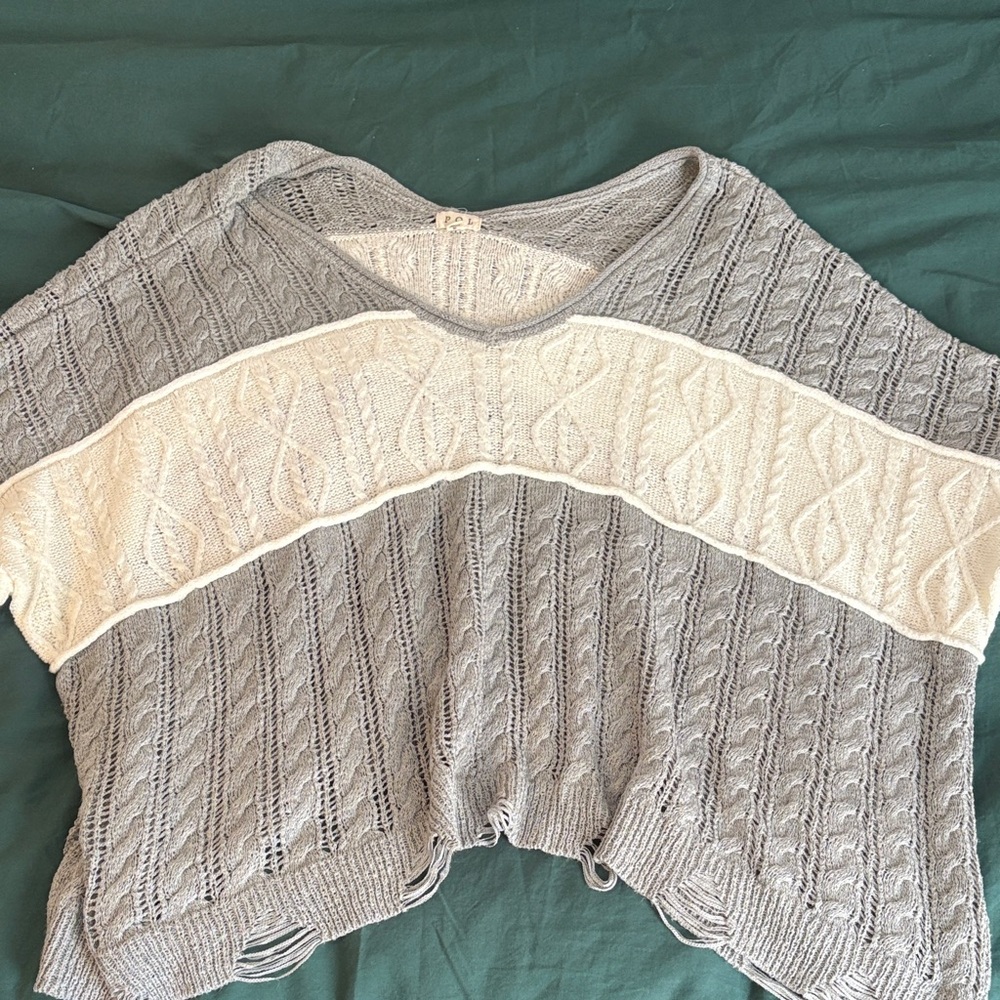 POL Gray and Cream V-Neck Sweater